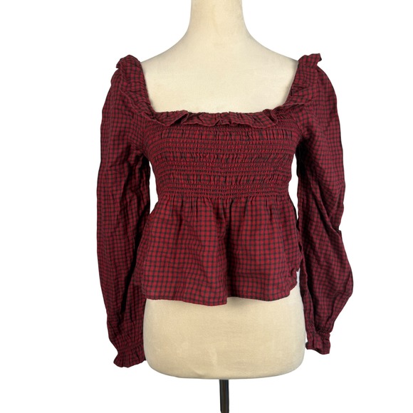 New American Eagle Long-Sleeve Smocked Ruffle Plaid Top Red Gingham Women Small - Picture 2 of 10